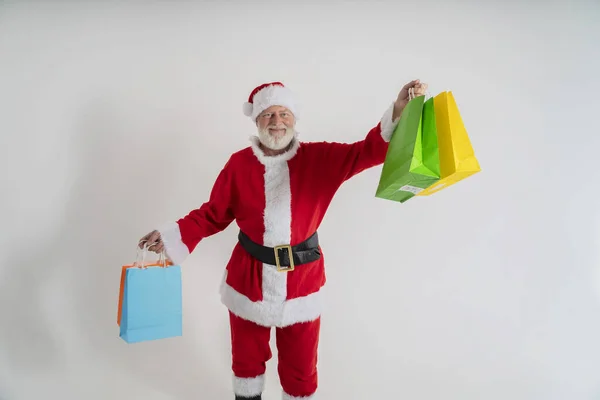 Grey Hair Bearded Santa Claus Shopping Hold Mas Christmas Bags — Stock Photo, Image