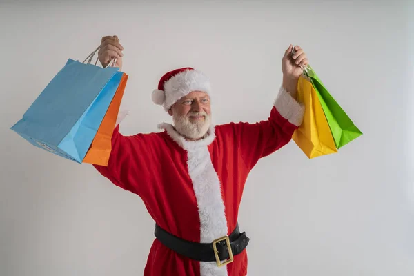 Grey Hair Bearded Santa Claus Shopping Hold Mas Christmas Bags — Stock Photo, Image