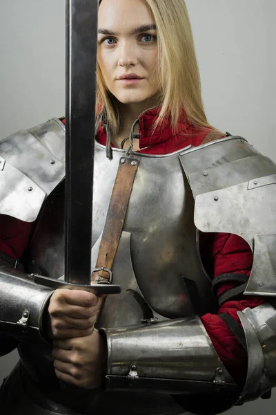 Beautiful Warrior Woman Sword Armor Medieval Knight — Stock Photo, Image