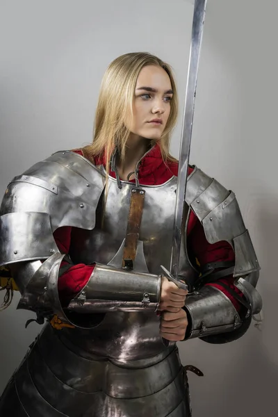 Beautiful Warrior Woman Sword Armor Medieval Knight — Stock Photo, Image