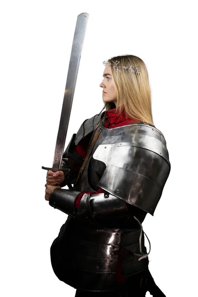 Una Hermosa Guerrera Con Una Espada Con Armadura Caballero Medieval —  Fotos de Stock