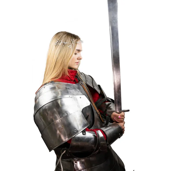 Прекрасна Войовнича Жінка Мечем Обладунку Середньовічний Лицар — стокове фото
