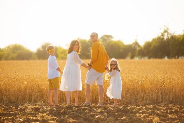 Dört kişilik mutlu bir aile gün ışığında buğday tarlasında yürüyor.