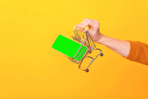 Una foto de cerca de una mujer sosteniendo un pequeño carrito de compras con un teléfono en ella —  Fotos de Stock