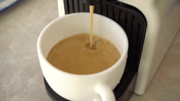 В ролике сняты приготовление кофе в капсуле и питье во время работы — стоковое видео