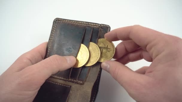Adamın beyaz arka plan üzerinden cüzdana bitcoin koyduğu görüntüleri kapat — Stok video