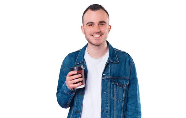 Foto Felice Giovane Uomo Bello Possesso Una Tazza Caffè Andare — Foto Stock