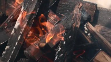 Yanan odunların görüntülerini kapatın, bbq 'i hazırlayın.