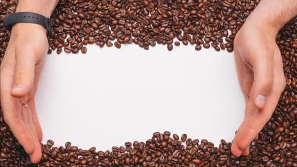 Stop motion of barista hands moving coffee beans and making copyspace — Vídeo de Stock