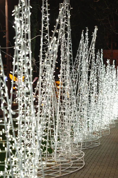 Aydınlatılmış Koni Ağaçları Aydınlatma Yolu, Tekrarlanan Aydınlık Silüetler Ritmik Modern Görünüm, Serin Beyaz Lens