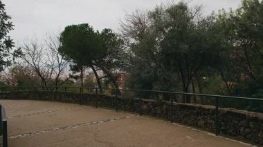 Demir parmaklıklı ve çam ağaçlı Taş Teras Yolu Bulutlu Gök 'ün Altında Panoramik Bakış, Bakmak için Duran Yalnız Yürüyen,