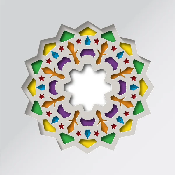 Circulaire patroon in arabesque stijl. Gekleurde ster op grijze achtergrond. Oosterse Mandala. Lotus. — Stockvector