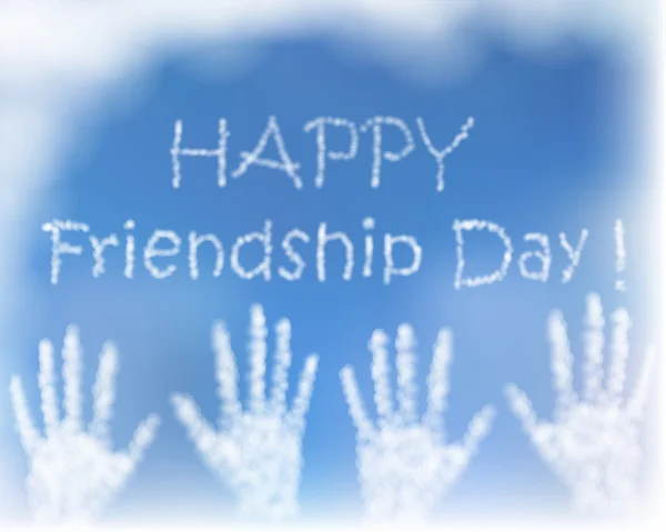 Card with greeting for celebration of friendship day. The hands made of cluds in blue sky. — Stock Vector