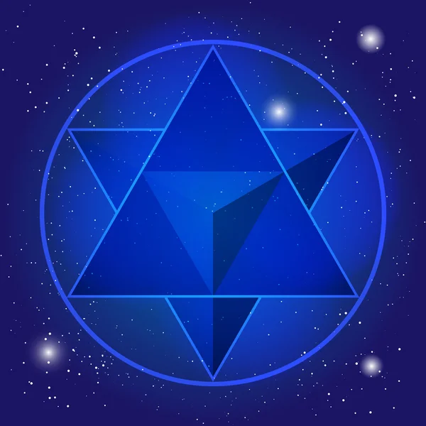 Сакральная геометрия спиритуального узора с тетраэдром в треугольнике и в округлении. Волшебный символ на вселенной backgroun.Cosmic пирамиды в глубоком голубом небе . — стоковый вектор
