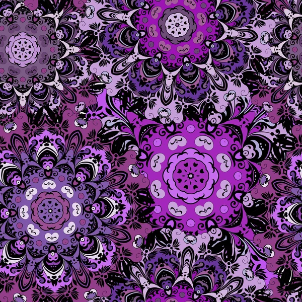 Padrão sem costura violeta com oramento mandalas orientais. Design floral em azteca, turco, paquistão, indianas, chinesas, estilo japonês . —  Vetores de Stock