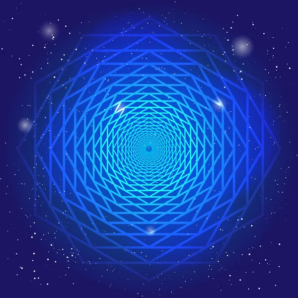 Symbole sacré dans l'espace, sur un ciel bleu profond avec des étoiles. Design spirituel. Le passage du temps dans l'univers . — Image vectorielle