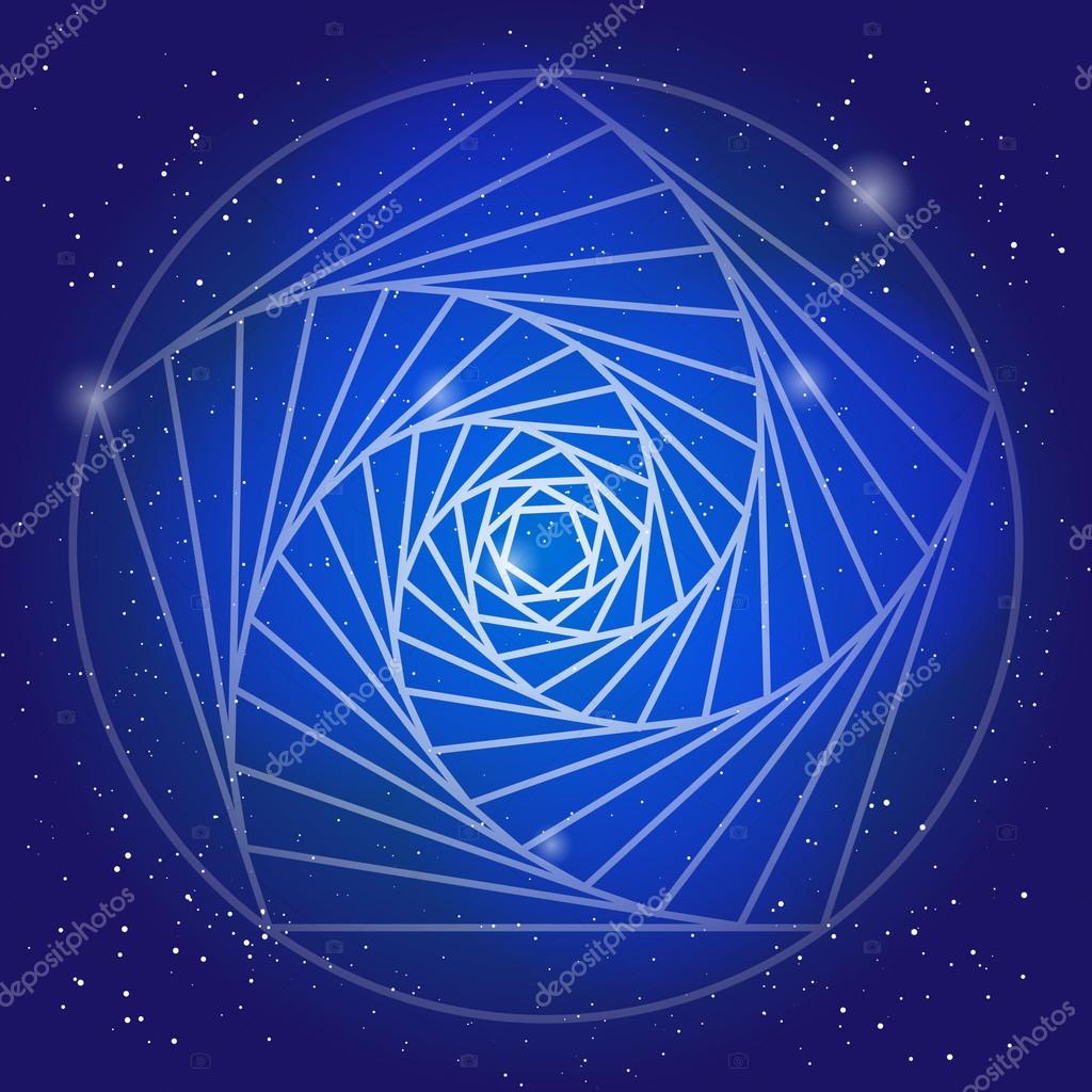 Sacral symbol in the space, on deep blue sky with stars. Spiritual design. The corridor of time in universe