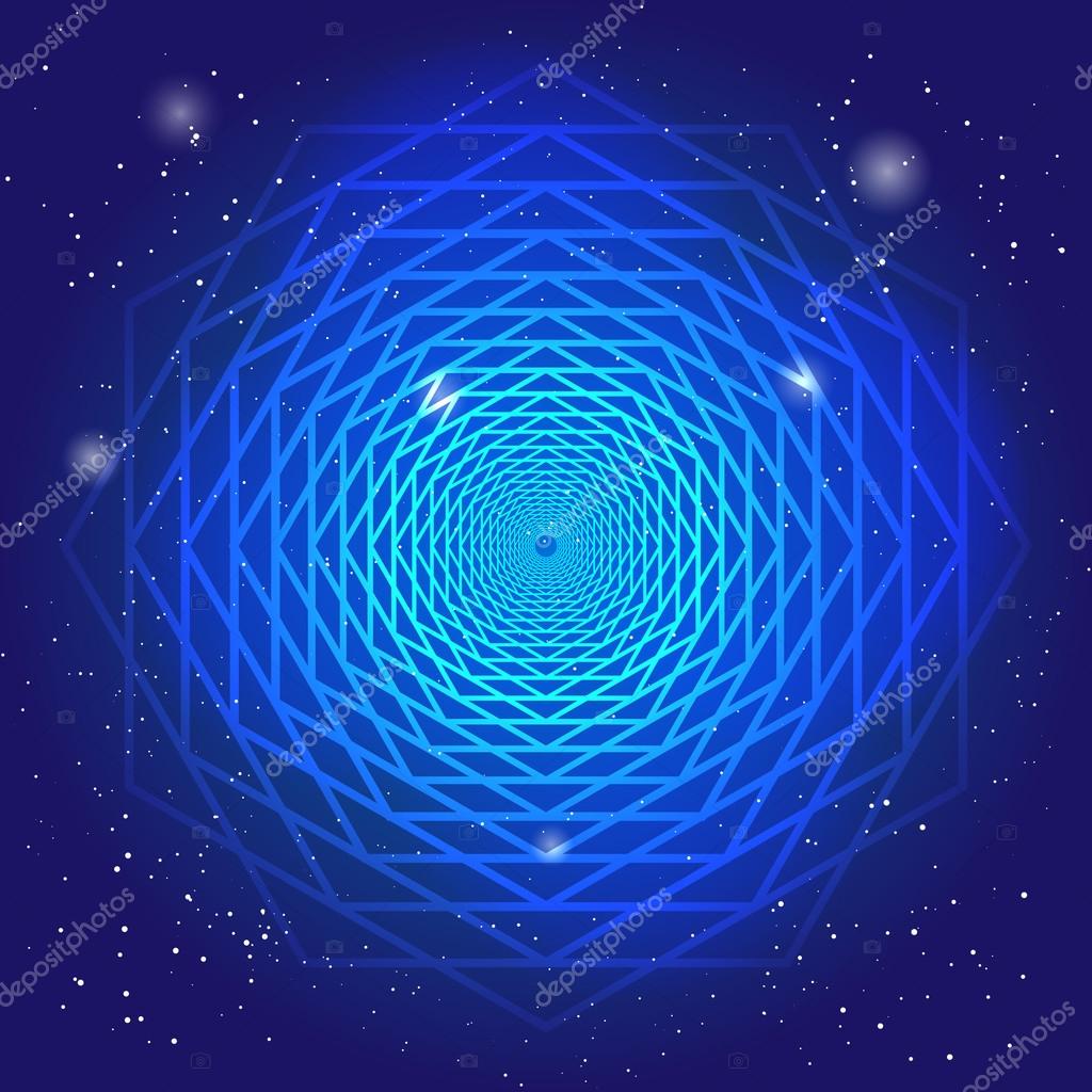 Sacral symbol in the space, on deep blue sky with stars. Spiritual design. The passage of time in universe