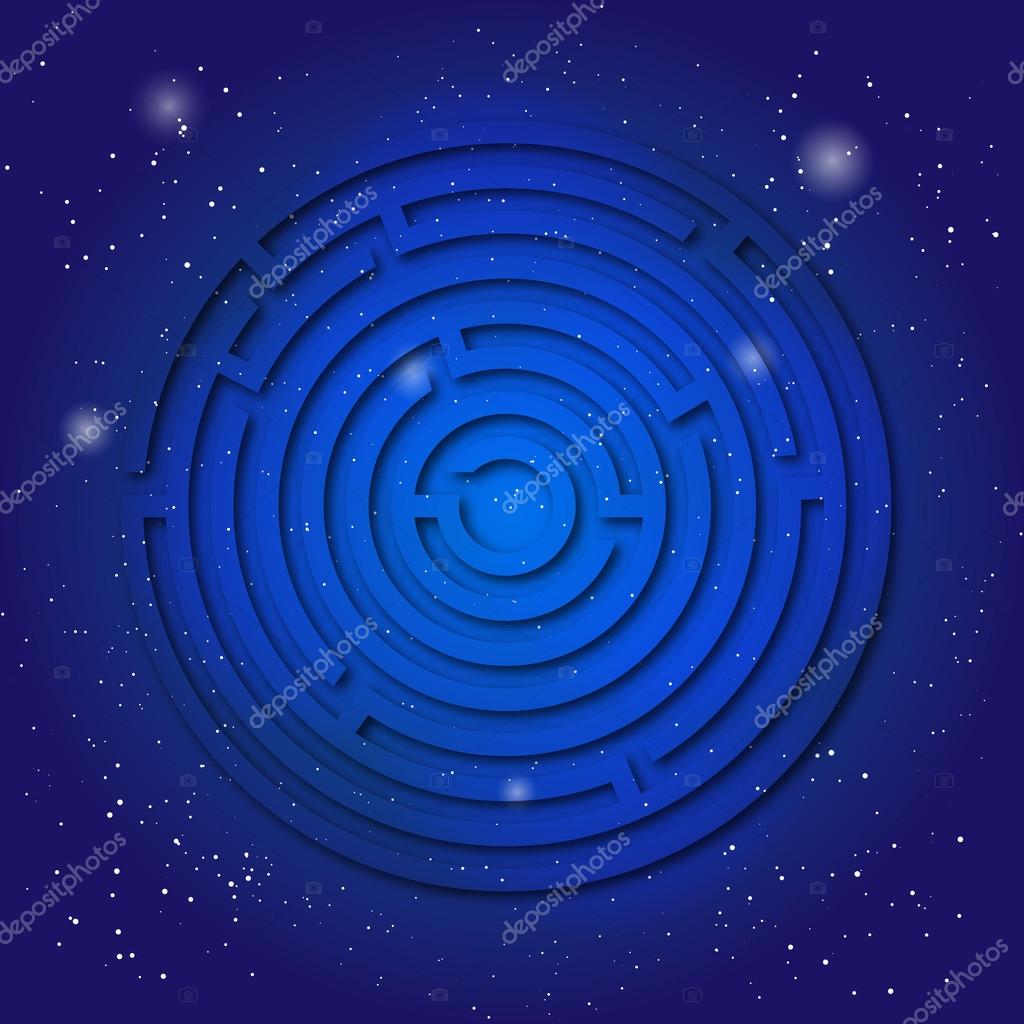 Spiritual sacred symbol of labyrinth on the deep blue cosmic sky. Sacral geometry in universe. Space with mystic design.