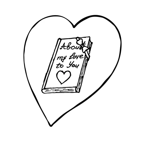 Kniha se srdcem. Náčrt vektorový grafický prvek pro valentinky den — Stockový vektor