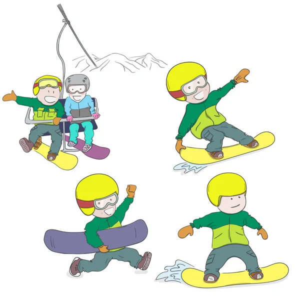Дети катаются на сноуборде — стоковый вектор