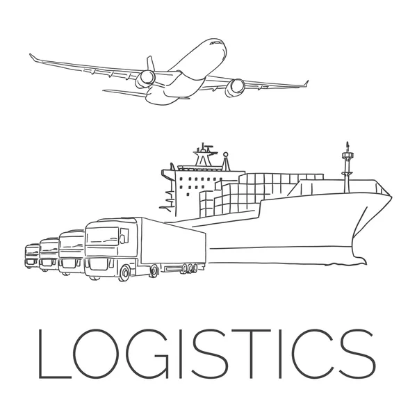 Logistiek ondertekenen met vliegtuig, vrachtwagen, containerschip — Stockvector