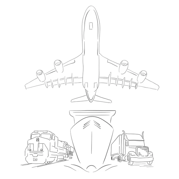Логистический знак с самолетом, грузовиком, контейнерным судном и поездом — стоковый вектор