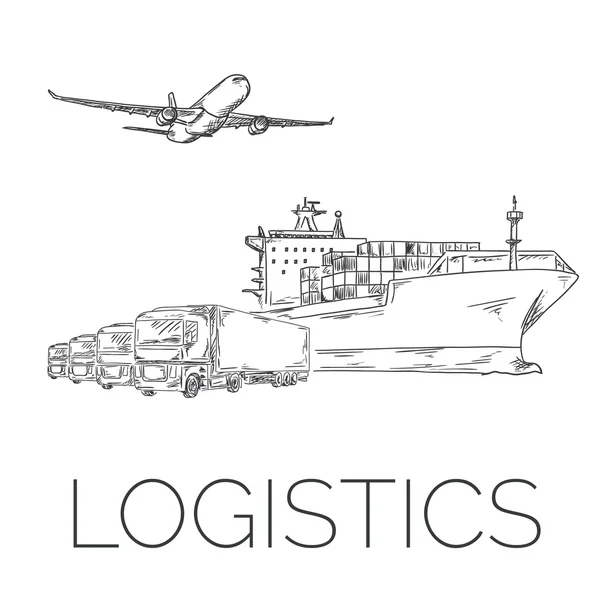 Logistiek ondertekenen met vliegtuig, vrachtwagens en containerschip — Stockvector