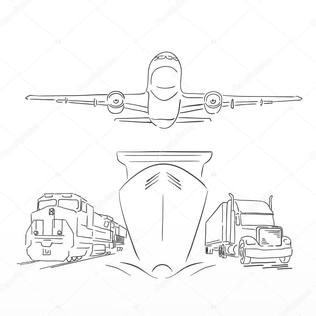 Logistics sign with plane, truck, container ship and train