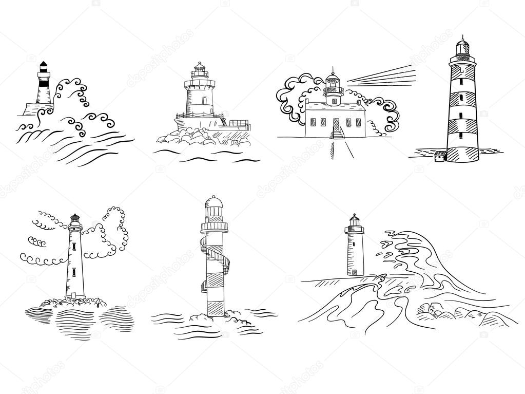 Sketchy hand drawn lighthouses