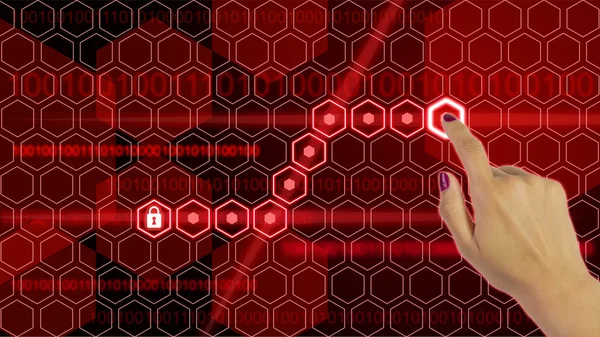 Hexagon lås med kvindes hånd sikkerhed opfattelse - Stock-foto