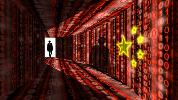 Elite hacker indtaster information korridor med digitale røde kinder - Stock-foto
