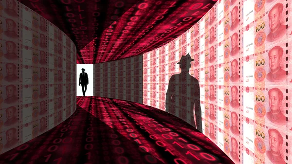 Elite hacker enters hallway textured with Chinese RMB — Stock Photo, Image