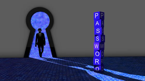 Elite hacker entering a room through keyhole to steal passwords — Stock Photo, Image