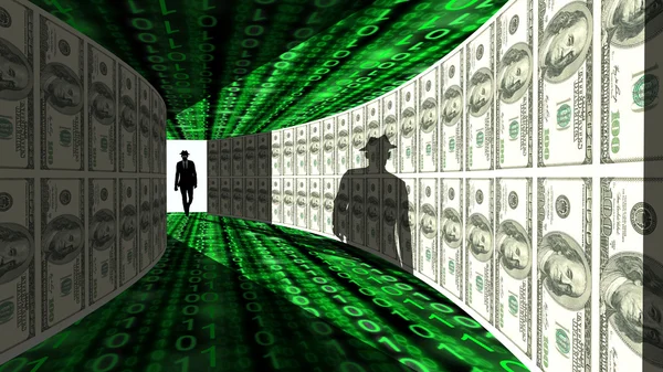Elite hacker entra en el pasillo con paredes texturizadas con billete de dólar — Foto de Stock