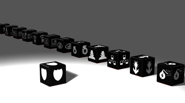 Black dice in een rij cyberveiligheid concept — Stockfoto