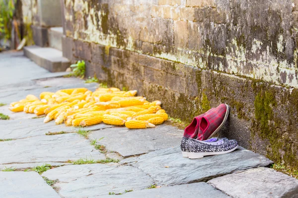 Par de sapatos e milho para secar — Fotografia de Stock