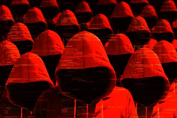 Groep Van Gecodeerde Hooded Hackers Met Side Light Rood Cybersecurity Stockfoto