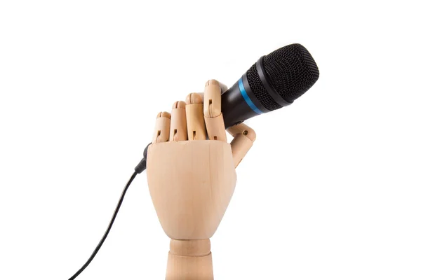 Trähand med mikrofon — Stockfoto