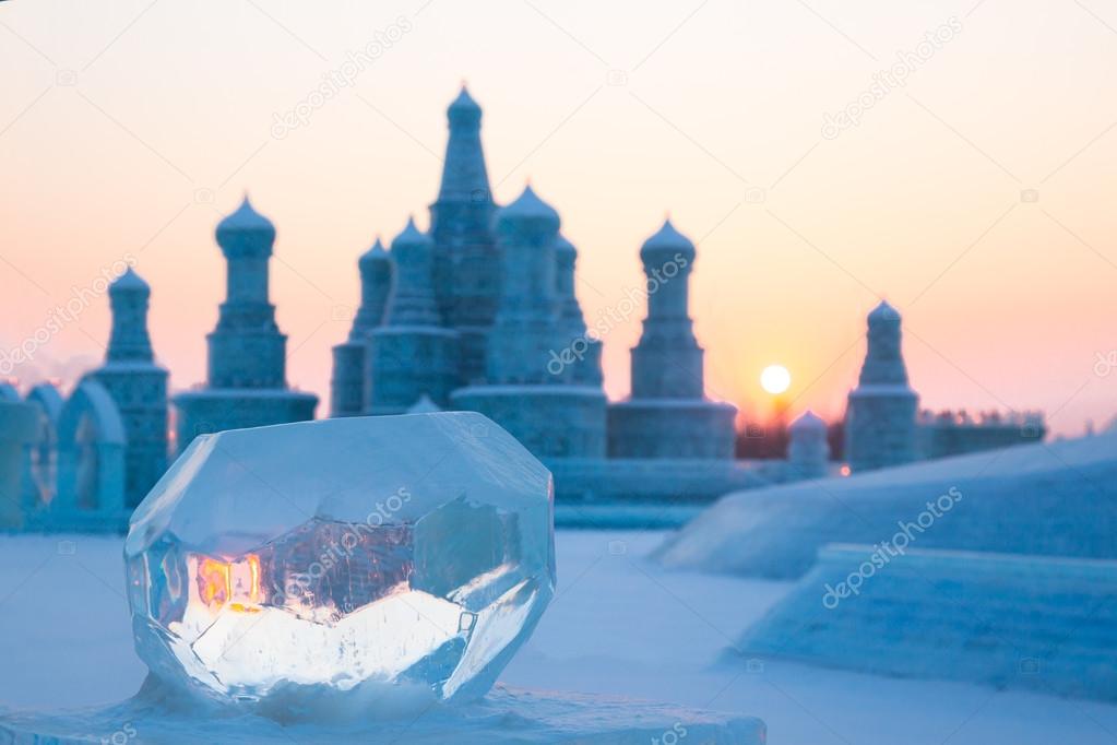 Ice ball at sunset in winter