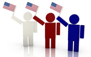 Üç kişi Amerikan bayrağı sallayarak illüstrasyon render