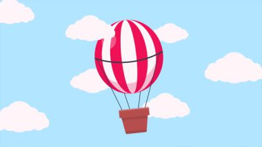 Renkli sıcak hava balonunun animasyonlu çizimi yavaşça yüzüyor. Seyahat temalı, macera konseptleri ve çocuklar için mükemmel.