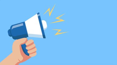 Ses dalgaları yayan megafon tutan bir elin canlandırması. Sunumlar, reklamlar ve yaratıcı hareketler için mükemmel.