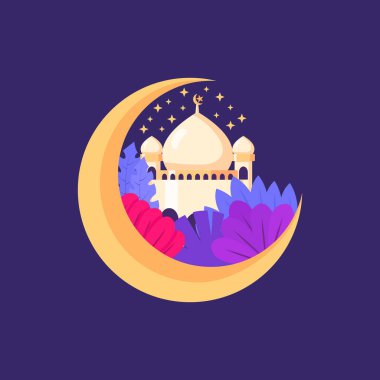 Hilal ay ve yıldızlı bir caminin düz vektör çizimi. İslami temalar, Ramazan, bayram kutlamaları ve dini içerik için mükemmel