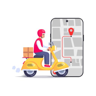 Bir kuryenin paketle scooter 'a binerken düz vektör çizimi ve hızlı teslimat kavramına sahip kronometre. Mobil uygulamalar, e-ticaret platformları ve ulaşım pazarlama malzemeleri için mükemmel.