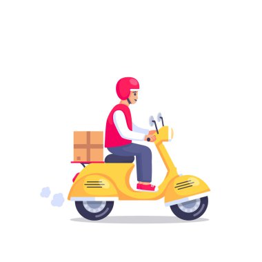 Sırtında paket kutusu olan sarı scooter kullanan bir kuryenin düz vektör çizimi. Mobil uygulamalar, e-ticaret platformları ve ulaşım pazarlama malzemeleri için mükemmel.