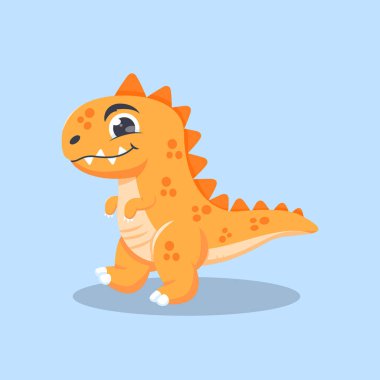 Düz Vektör T Rex dinozor çizgi film karakteri. Mavi arka planda düz vektör tarzında. Çocuk tasarımı, doğum günü davetiyeleri, çıkartmalar ve çocuk tasarımları için mükemmel.