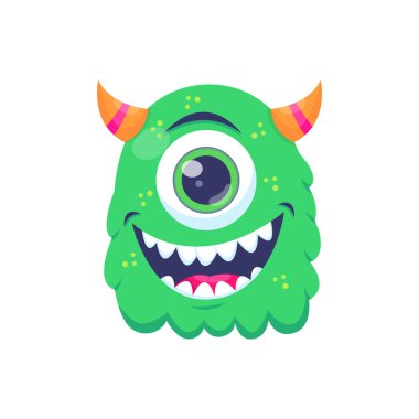 Tek gözlü sevimli yeşil canavar çizgi film karakteri düz vektör tarzında. Cadılar Bayramı temaları, çıkartmalar, doğum günü davetiyeleri ve çocuk eğitim malzemeleri için mükemmel.