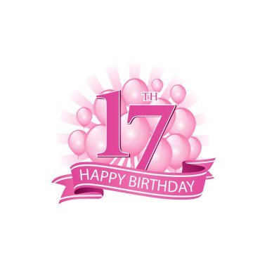 17th pink happy birthday logo with balloons and burst of light clipart
