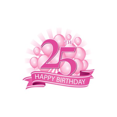 25th pink happy birthday logo with balloons and burst of light clipart